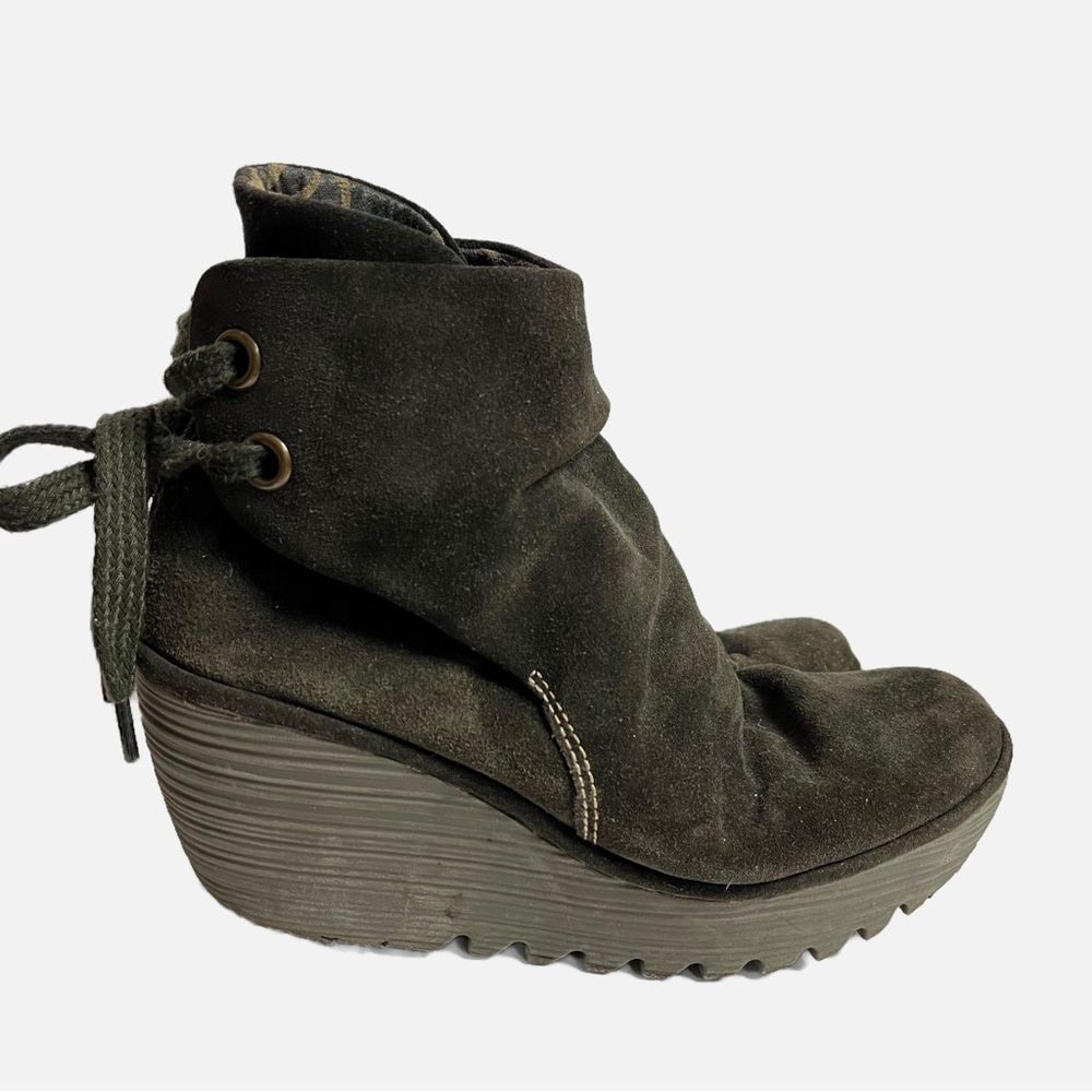 FLY LONDON Boots 40 SHOES YAMA SLUDGE GREEN SUEDE BOOTIES PLATFORM WEDGE ANKLE